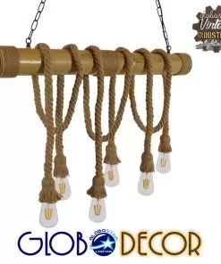 GloboStar® MAUI 01113 Vintage Κρεμαστό Φωτιστικό Οροφής Πολύφωτο Καφέ Ξύλινο Bamboo με Μπεζ Σχοινί Μ80 x Π14 x Υ75cm