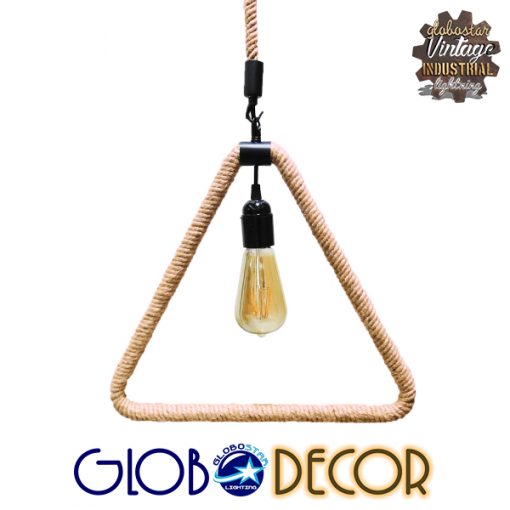GloboStar® CONSOLATA 01238 Vintage Industrial Κρεμαστό Φωτιστικό Οροφής Μονόφωτο Μαύρο Μεταλλικό με Μπεζ Σχοινί Μ37 x Π22 x Υ34cm