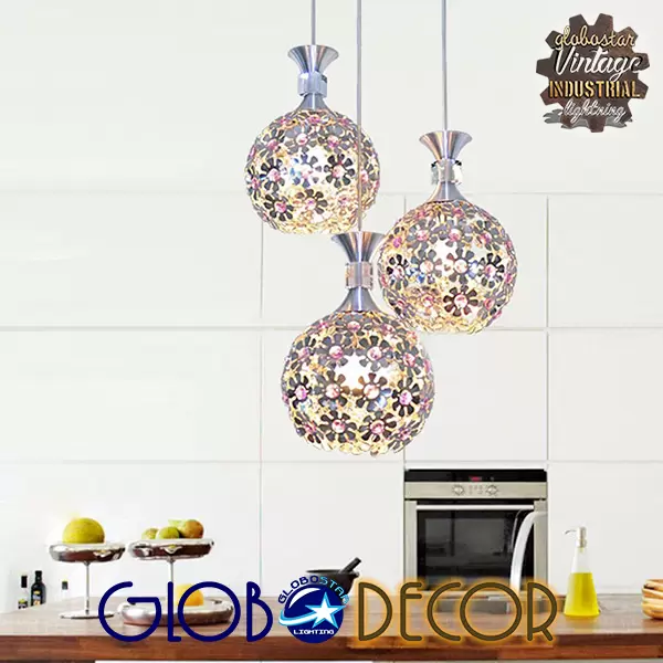 GloboStar® ILLUME 01249 Μοντέρνο Κρεμαστό Φωτιστικό Οροφής Τρίφωτο Ασημί Μεταλλικό με Κρύσταλλα Μ64 x Π18 x Υ24cm - Image 3