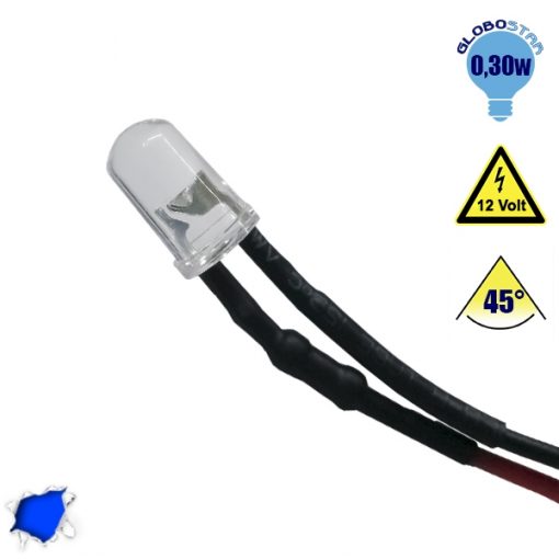10 Τεμάχια x Δίοδος LED 5mm 45° 12V με Καλώδιο 20cm Μπλε GloboStar 33366