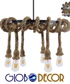 GloboStar® CHARIOT 01148 Vintage Κρεμαστό Φωτιστικό Οροφής Πολύφωτο Μαύρο με Μπεζ Σχοινί Φ55 x Y125cm