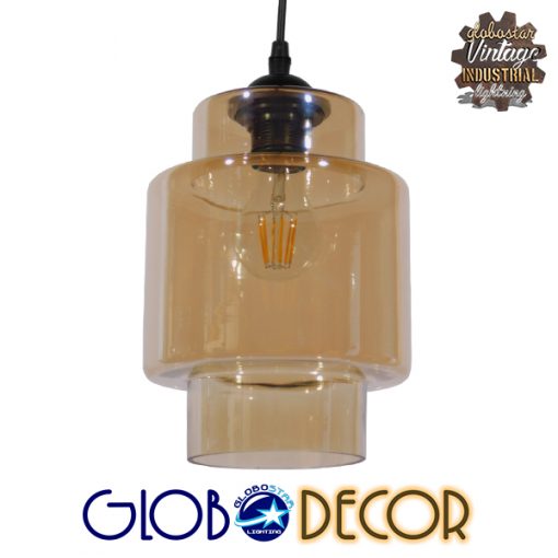 GloboStar® ROLLAND 01078 Vintage Industrial Κρεμαστό Φωτιστικό Οροφής Μονόφωτο Γυάλινο Φιμέ Μελί Φ18 x Y30cm