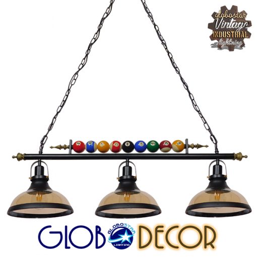 GloboStar® BILLIARD SERIES 01280 Vintage Industrial Κρεμαστό Φωτιστικό Οροφής Τρίφωτο Mαύρο Μεταλλικό Μ96 x Π25 x Υ30cm