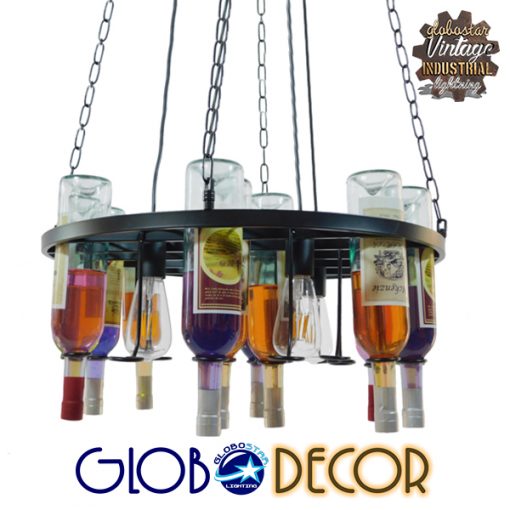 GloboStar® BARISTA 01139 Vintage Κρεμαστό Φωτιστικό Οροφής Πολύφωτο Μαύρο Μεταλλικό με Γυάλινα Μπουκάλια Πολυέλαιος Φ60 x Y20cm