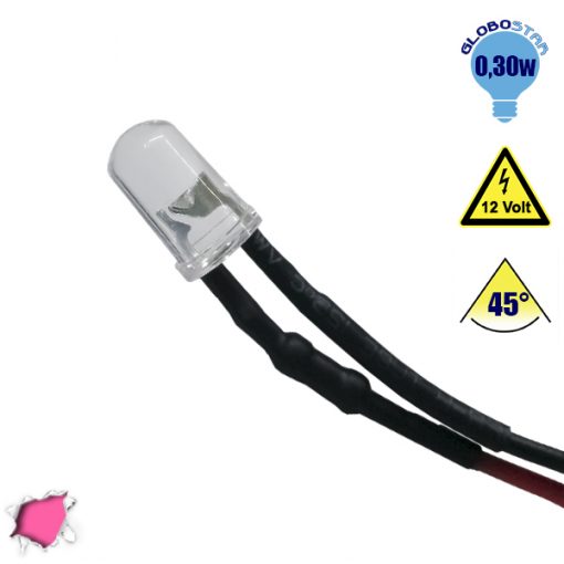 10 Τεμάχια x Δίοδος LED 5mm 45° 12V με Καλώδιο 20cm Ροζ GloboStar 33371