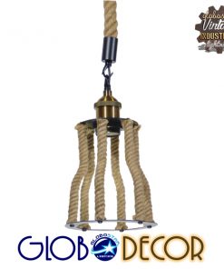 GloboStar® LANTERN 01186 Vintage Industrial Κρεμαστό Φωτιστικό Οροφής Μονόφωτο Μαύρο Μεταλλικό με Μπεζ Σχοινί Φ15 x Y24cm