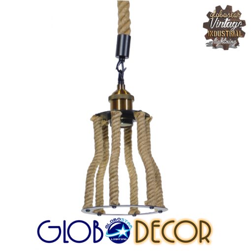 GloboStar® LANTERN 01186 Vintage Industrial Κρεμαστό Φωτιστικό Οροφής Μονόφωτο Μαύρο Μεταλλικό με Μπεζ Σχοινί Φ15 x Y24cm