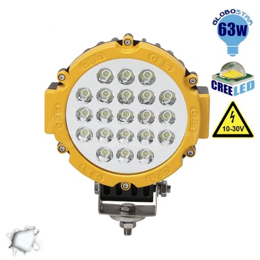 Προβολέας LED Εργασίας Κίτρινος Στρογγυλός 63W 10-30V 8820lm 30° Αδιάβροχος IP65 Ψυχρό Λευκό 6000k GloboStar 05189
