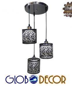 GloboStar® RAINELDA 01246 Μοντέρνο Κρεμαστό Φωτιστικό Οροφής Τρίφωτο Μαύρο Μεταλλικό Πλέγμα με Λευκό Γυαλί Φ40 x Y19cm