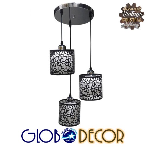 GloboStar® RAINELDA 01246 Μοντέρνο Κρεμαστό Φωτιστικό Οροφής Τρίφωτο Μαύρο Μεταλλικό Πλέγμα με Λευκό Γυαλί Φ40 x Y19cm