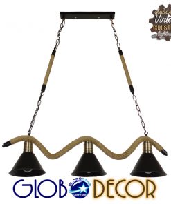 GloboStar® TYMEN 01189 Vintage Φωτιστικό Οροφής Τρίφωτο Μαύρο Μεταλλικό Καμπάνα με Μπεζ Σχοινί Μ86 x Π22 x Υ23cm