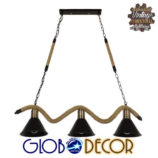 GloboStar® TYMEN 01189 Vintage Φωτιστικό Οροφής Τρίφωτο Μαύρο Μεταλλικό Καμπάνα με Μπεζ Σχοινί Μ86 x Π22 x Υ23cm