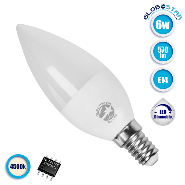 Λάμπα LED E14 Κεράκι C37 6W 230V 570lm 260° Φυσικό Λευκό 4500k Dimmable GloboStar 77457 1 Λάμπα LED E14 Κεράκι C37 6W 230V 570lm 260° Φυσικό Λευκό 4500k Dimmable GloboStar 77457