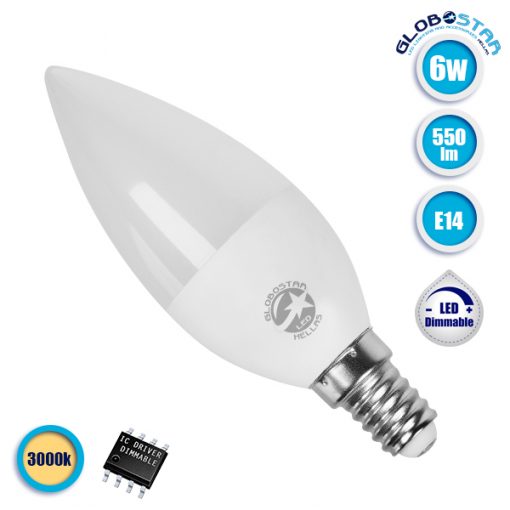 Λάμπα LED E14 Κεράκι C37 6W 230V 550lm 260° Θερμό Λευκό 3000k Dimmable GloboStar 77458