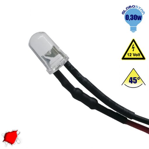 10 Τεμάχια x Δίοδος LED 5mm 45° 12V με Καλώδιο 20cm Κόκκινο GloboStar 33373