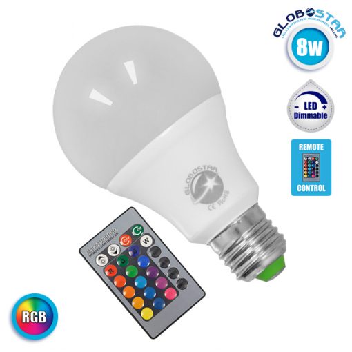 Λάμπα LED E27 A70 Γλόμπος 8W 230V 520lm 260° με Ασύρματο Χειριστήριο RGB GloboStar 88964