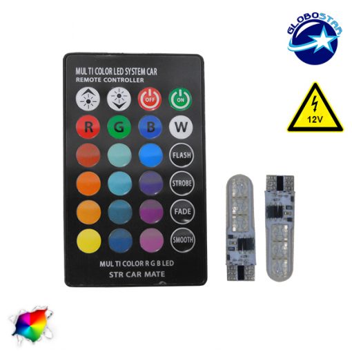 Σετ 2 Τεμάχια T10 6 SMD 5050 RGB με Ασύρματο Χειριστήριο GloboStar 54345