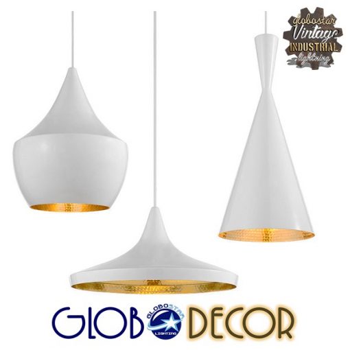 GloboStar® SHANGHAI WHITE 01026 SET 3 Μοντέρνα Κρεμαστά Φωτιστικά Οροφής Μονόφωτα Λευκά Μεταλλικά Καμπάνα