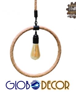 GloboStar® AGNESE 01239 Vintage Industrial Κρεμαστό Φωτιστικό Οροφής Μονόφωτο Μαύρο Μεταλλικό με Μπεζ Σχοινί Μ34 x Π22 x Υ34cm