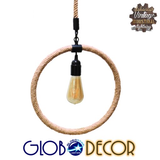 GloboStar® AGNESE 01239 Vintage Industrial Κρεμαστό Φωτιστικό Οροφής Μονόφωτο Μαύρο Μεταλλικό με Μπεζ Σχοινί Μ34 x Π22 x Υ34cm