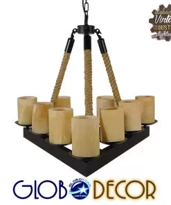 GloboStar® RUNE 01021 Vintage Κρεμαστό Φωτιστικό Οροφής Πολύφωτο Μαύρο Μεταλλικό με Όνυχα Πολυέλαιος με Μπεζ Σχοινί Μ68 x Π60 x Υ50cm