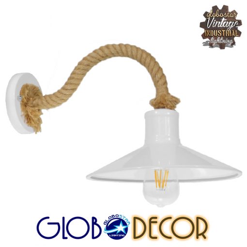 GloboStar® VINSA 01130 Vintage Φωτιστικό Τοίχου Απλίκα Μονόφωτο Λευκό Μεταλλικό Καμπάνα με Μπεζ Σχοινί Φ27 x Μ44 x Π27 x Υ27cm