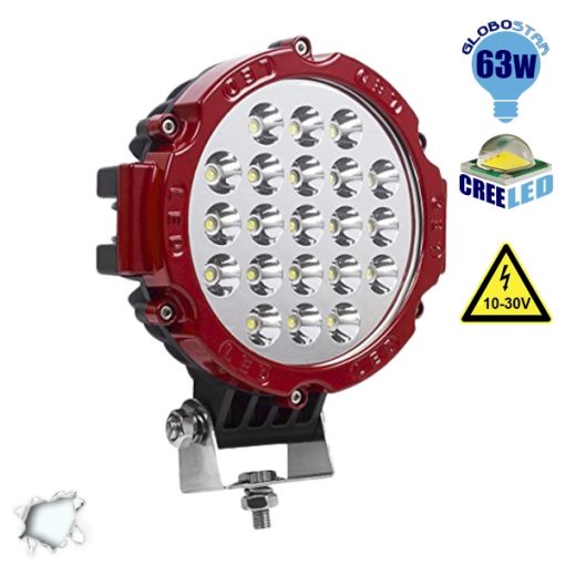 Προβολέας LED Εργασίας Κόκκινος Στρογγυλός 63W 10-30V 8820lm 30° Αδιάβροχος IP65 Ψυχρό Λευκό 6000k GloboStar 05197
