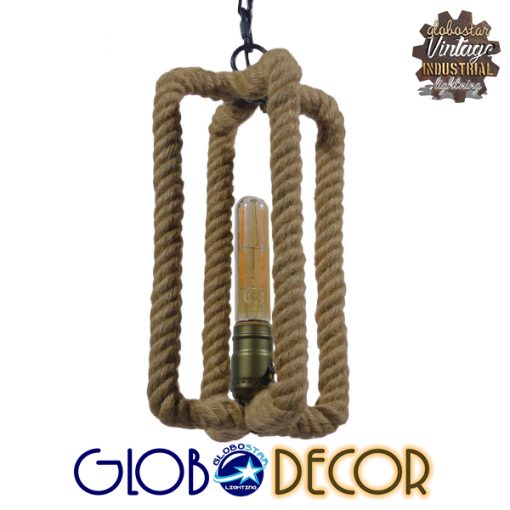 GloboStar® HALVID 01014 Vintage Industrial Κρεμαστό Φωτιστικό Οροφής Μονόφωτο Μαύρο Μεταλλικό με Μπεζ Σχοινί Φ13 x Y30cm