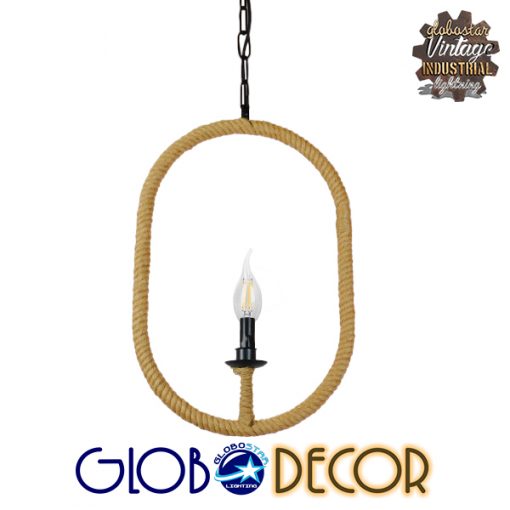 GloboStar® ADAMS 01142 Vintage Κρεμαστό Φωτιστικό Οροφής Μονόφωτο Μαύρο Μεταλλικό με Μπεζ Σχοινί Μ35 x Π10 x Υ53cm