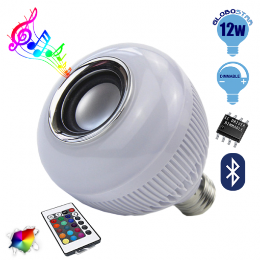 Λάμπα LED E27 12W 230V 1080lm 260° Bluetooth με Ηχείο και Ασύρματο Χειριστήριο RGBW GloboStar 06631