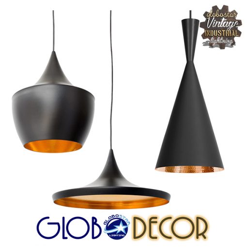 GloboStar® SHANGHAI BLACK 01025 SET 3 Μοντέρνα Κρεμαστά Φωτιστικά Οροφής Μονόφωτα Μαύρα Μεταλλικά Καμπάνα