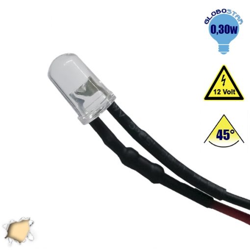 10 Τεμάχια x Δίοδος LED 5mm 45° 12V με Καλώδιο 20cm Θερμό Λευκό 3000k GloboStar 33368