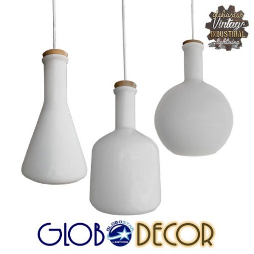 GloboStar® BOTTLES 01061 SET 3 Μοντέρνα Κρεμαστά Φωτιστικά Οροφής Μονόφωτα Γυάλινα Λευκά