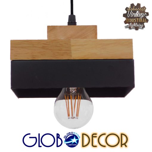 GloboStar® LAOTH 01234 Μοντέρνο Κρεμαστό Φωτιστικό Οροφής Μονόφωτο Μαύρο Μεταλλικό με Φυσικό Ξύλο Καμπάνα Φ18 x Y11.5cm