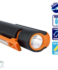 Alternative view of Φορητός Φακός Επαναφορτιζόμενος με Μπαταρίες PEN COB LED και Φορτιστή USB Πορτοκαλί Χρώμα GloboStar 07006