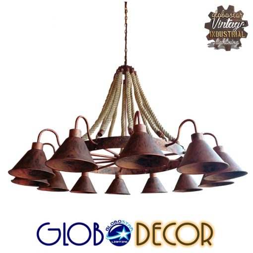 GloboStar® EVERSON 01192 Vintage Κρεμαστό Φωτιστικό Οροφής Πολύφωτο Καφέ Σκουριά Μεταλλικό Πολυέλαιος με Μπεζ Σχοινί Φ110 x Y126cm