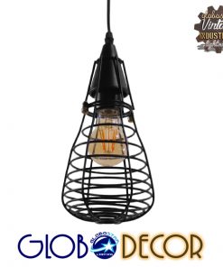 GloboStar® ALDO 01058 Vintage Industrial Κρεμαστό Φωτιστικό Οροφής Μονόφωτο Μαύρο Μεταλλικό Πλέγμα Φ13 x Y27cm