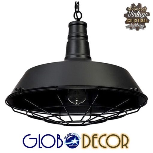 GloboStar® BARN 01048 Vintage Industrial Κρεμαστό Φωτιστικό Οροφής Μονόφωτο Μαύρο Μεταλλικό Καμπάνα Φ46 x Y25cm