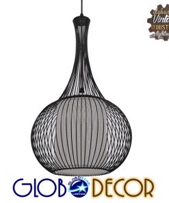GloboStar® BERNA 01198 Μοντέρνο Κρεμαστό Φωτιστικό Οροφής Μονόφωτο Μαύρο Μεταλλικό Πλέγμα με Υφασμάτινο Εσωτερικό Καπέλο Φ30 x Y50cm
