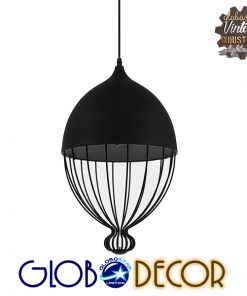 GloboStar® CANARIO 01107 Vintage Κρεμαστό Φωτιστικό Οροφής Μονόφωτο Μαύρο Μεταλλικό Πλέγμα Φ28 x Y47cm