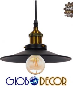 GloboStar® CARAVEL 01167 Vintage Industrial Κρεμαστό Φωτιστικό Οροφής Μονόφωτο Μαύρο Μεταλλικό Καμπάνα Φ22 x Y13cm
