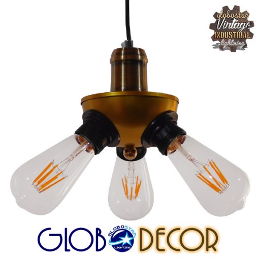 GloboStar® COPPER 01076 Vintage Ιndustrial Κρεμαστό Φωτιστικό Οροφής Τρίφωτο Χρυσό Μεταλλικό Φ12 x Y13cm