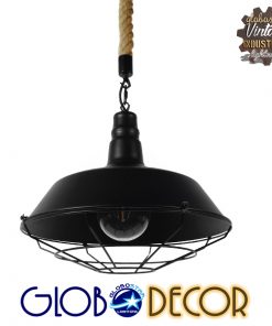 GloboStar® CRANE 01109 Vintage Industrial Κρεμαστό Φωτιστικό Οροφής Μονόφωτο Μαύρο Μεταλλικό Καμπάνα Πλέγμα με Μπεζ Σχοινί Φ36 x Y25cm