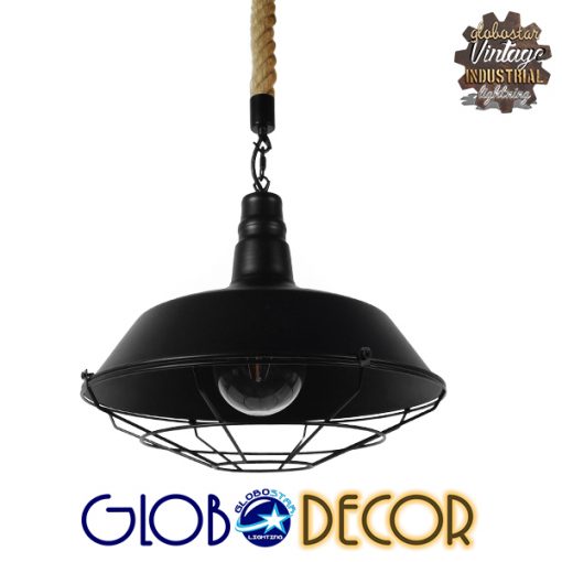 GloboStar® CRANE 01109 Vintage Industrial Κρεμαστό Φωτιστικό Οροφής Μονόφωτο Μαύρο Μεταλλικό Καμπάνα Πλέγμα με Μπεζ Σχοινί Φ36 x Y25cm