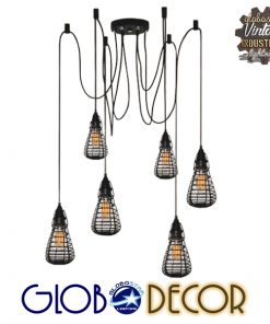 GloboStar® DROPS 01059 Vintage Industrial Κρεμαστό Φωτιστικό Οροφής Πολύφωτο Μαύρο Μεταλλικό Πλέγμα