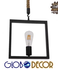 GloboStar® FRAISE 01077 Vintage Κρεμαστό Φωτιστικό Οροφής Μονόφωτο Μαύρο Μεταλλικό με Μπεζ Σχοινί Μ32 x Π10 x Υ32cm