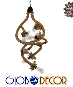 GloboStar® HAMTINE 01229 Vintage Κρεμαστό Φωτιστικό Οροφής Πολύφωτο Μαύρο Μεταλλικό με Μπεζ Σχοινί Φ40 x Y92cm