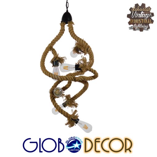 GloboStar® HAMTINE 01229 Vintage Κρεμαστό Φωτιστικό Οροφής Πολύφωτο Μαύρο Μεταλλικό με Μπεζ Σχοινί Φ40 x Y92cm