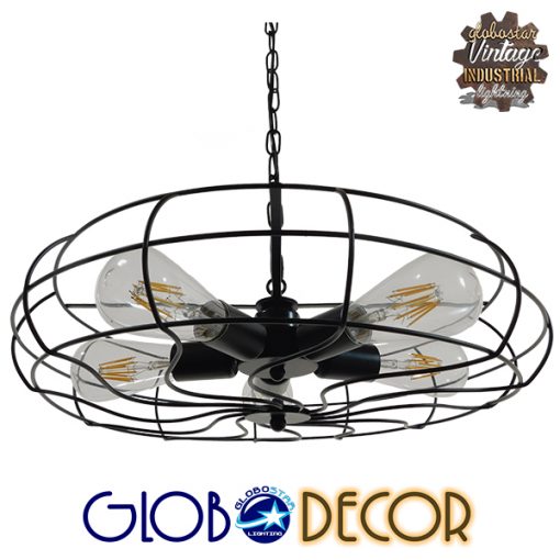 GloboStar® HELIX 01164 Vintage Industrial Κρεμαστό Φωτιστικό Οροφής Πολύφωτο Μαύρο Μεταλλικό Πλέγμα Φ46 x Y13cm