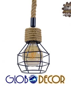 GloboStar® HELLET 01182 Vintage Industrial Κρεμαστό Φωτιστικό Οροφής Μονόφωτο Μαύρο Μεταλλικό Πλέγμα με Μπεζ Σχοινί Φ16 x Y25cm